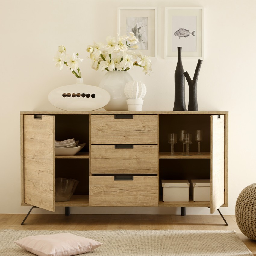 Huki Palma credenza madia soggiorno in legno rovere 2 ante 3 cassetti