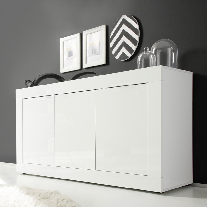 Credenza madia soggiorno bianco lucido legno 3 ante 160cm Modis BW