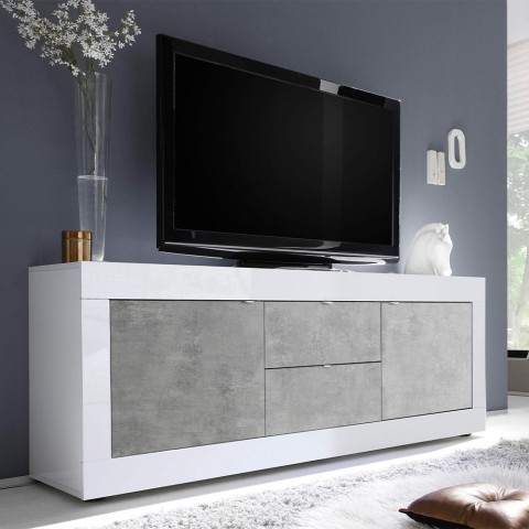 Mobile porta TV 210cm 2 ante 2 cassetti bianco lucido cemento Visio BC Promozione