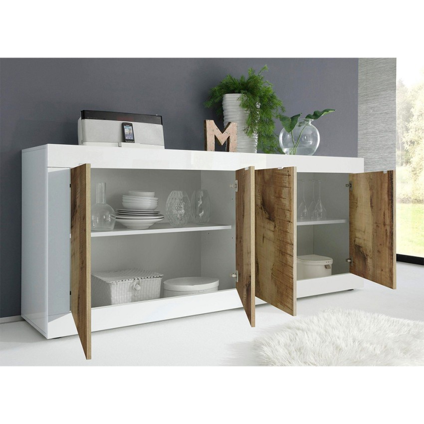 Altea BW credenza soggiorno buffet 4 ante 207cm bianco lucido e legno