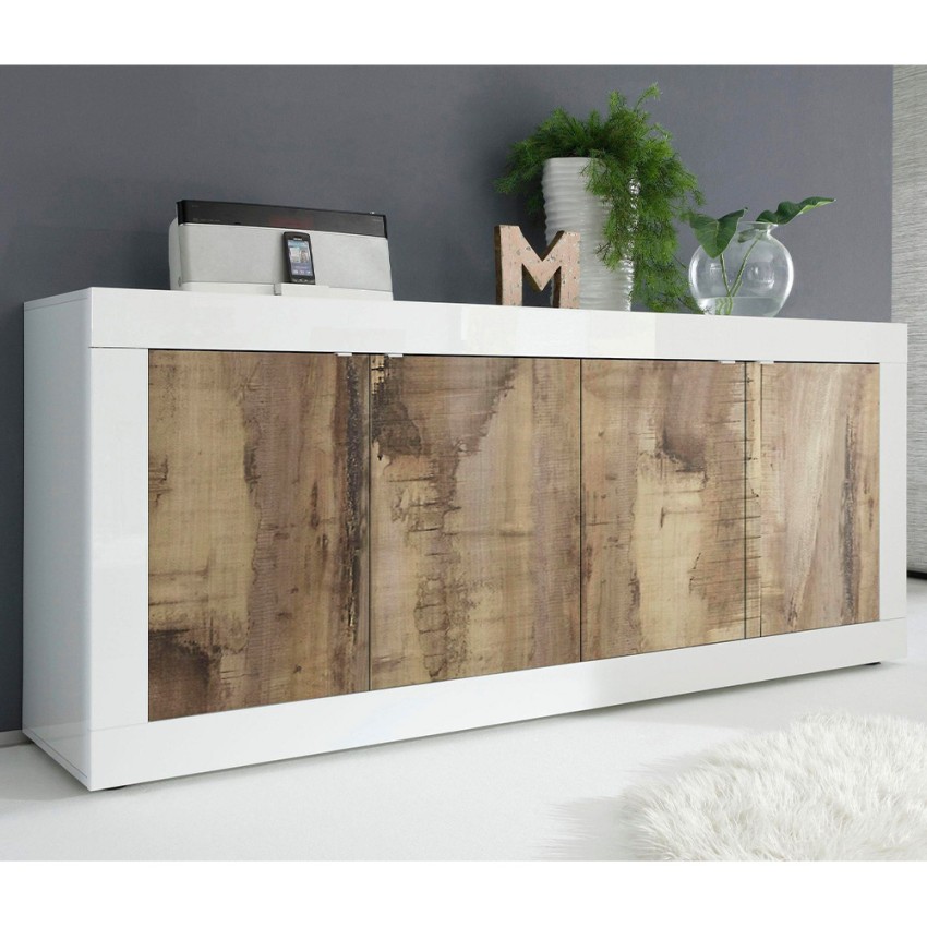 Altea BW credenza soggiorno buffet 4 ante 207cm bianco lucido e legno