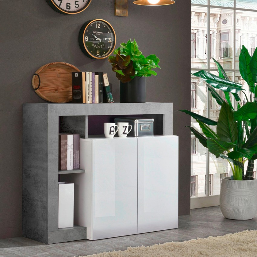 Mobile basso in legno finitura grigio cemento e bianco lucido - Homely  office