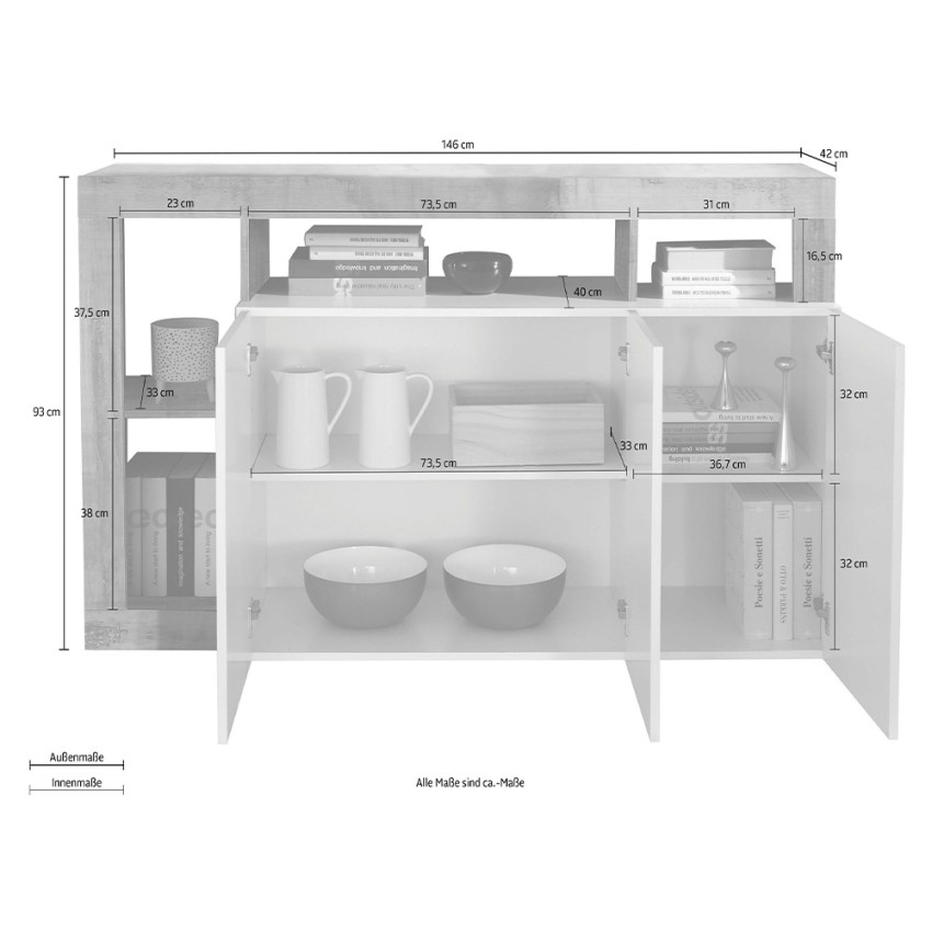 Hailey BX credenza madia cucina 3 ante bianco lucido moderna 146cm