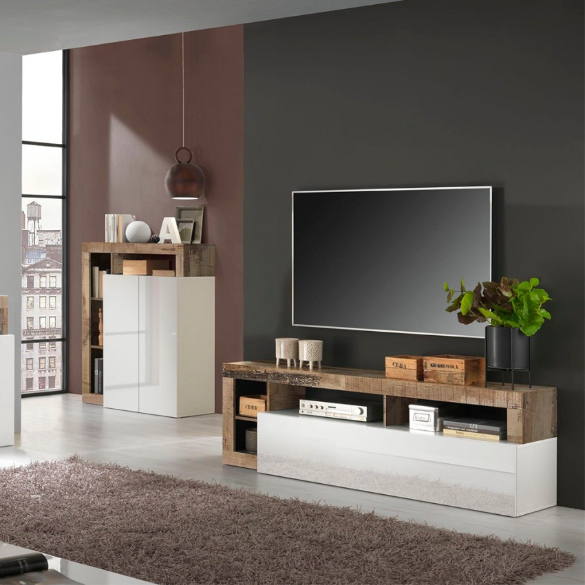 Mobile soggiorno porta TV  legno anta ribalta bianco lucido Dorian BP Promozione