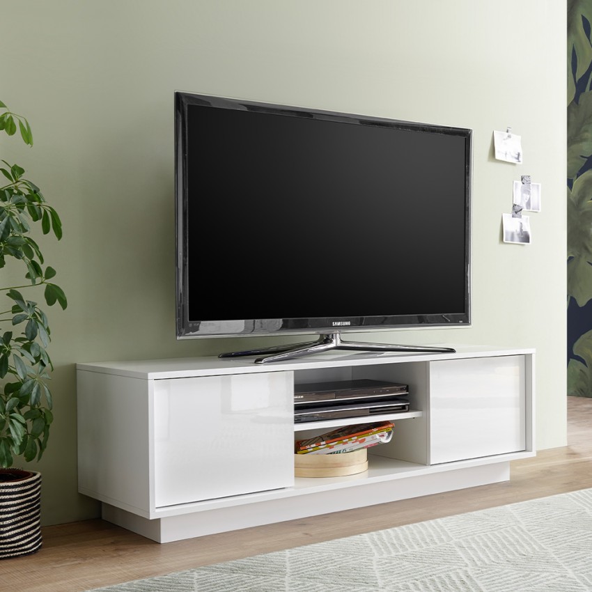 Mobile porta TV soggiorno bianco lucido moderno 138cm 2 ante Dener Ice Promozione