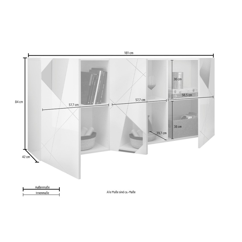 Credenza soggiorno 3 ante bianco lucido con specchi L. 181 cm - Lisbona