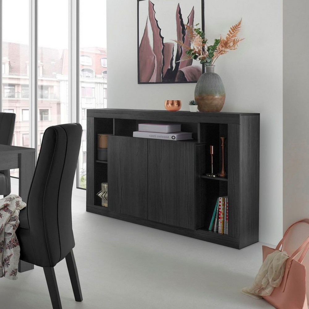Credenza soggiorno nera in legno 134cm design moderno 2 ante Lema NR