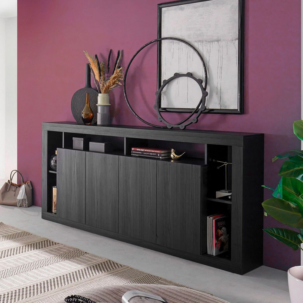 Credenza soggiorno design moderno 4 ante in legno nero 210cm Radis NR