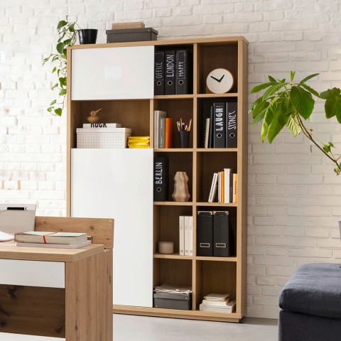 Libreria soggiorno moderna legno rovere 2 ante bianco lucido Sharon Promozione