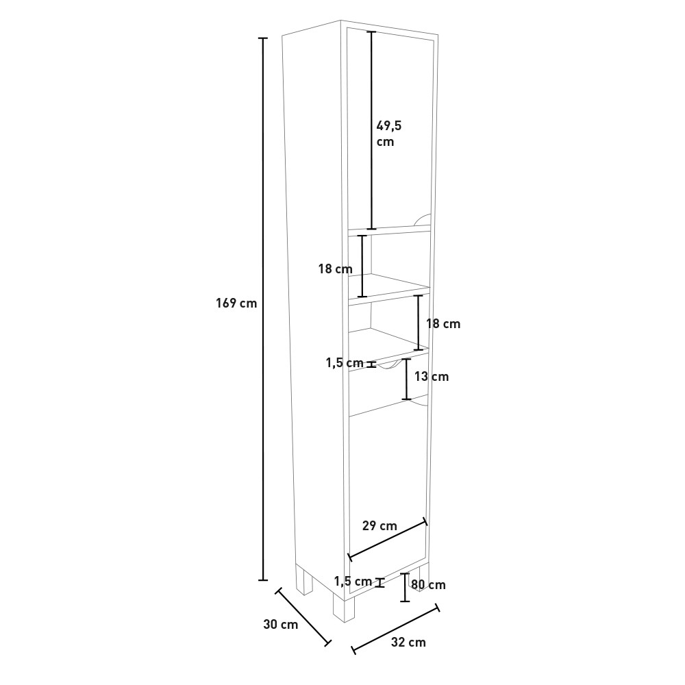 Colonna bagno da terra 180 cm grigio calce con ante cassetto e vano Moon