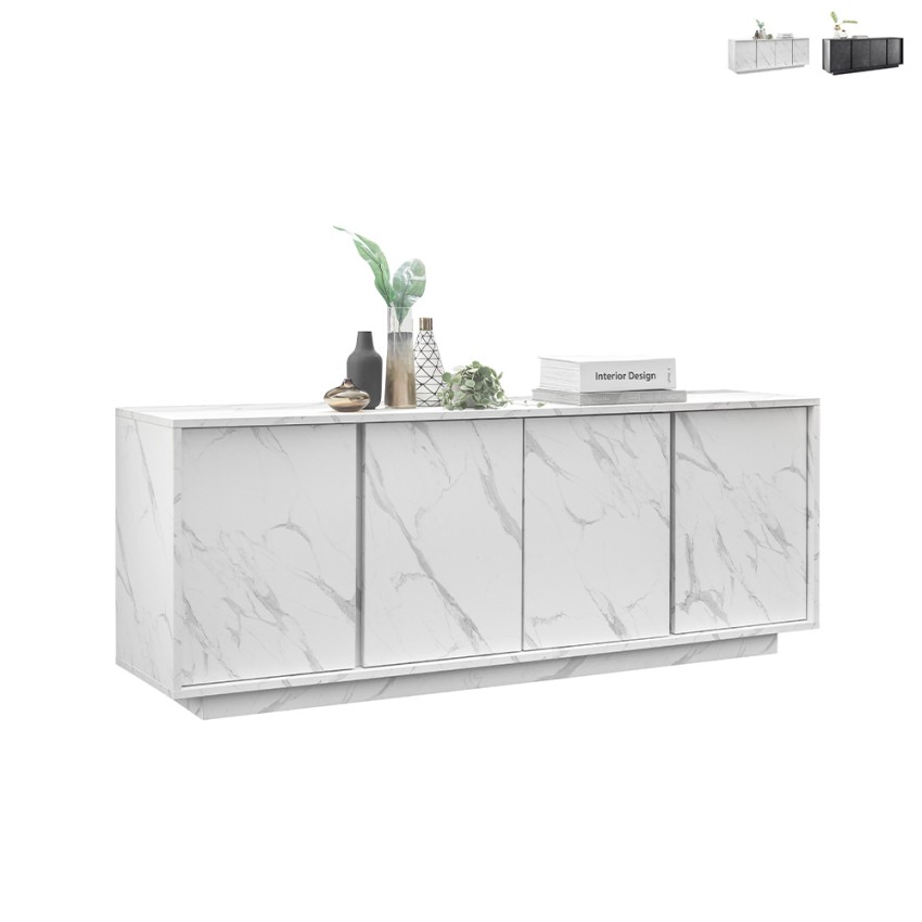 Credenza madia design moderno 4 ante effetto marmo 180x43x79cm Athens Vendita