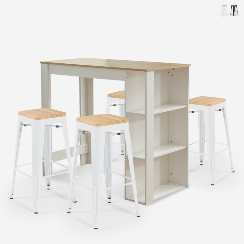 set 4 sgabelli bar cucina tavolo alto 120x60cm bianco legno galles Vendita