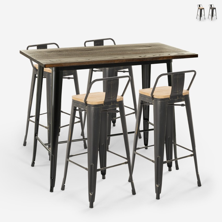 set 4 sgabelli bar schienale tavolo cucina alto nero 120x60 wahoo Vendita