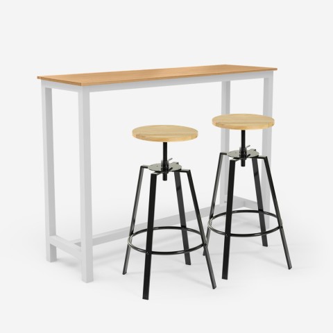 Set tavolo alto bianco legno 140x40cm 2 sgabelli bar girevoli Creswell Promozione