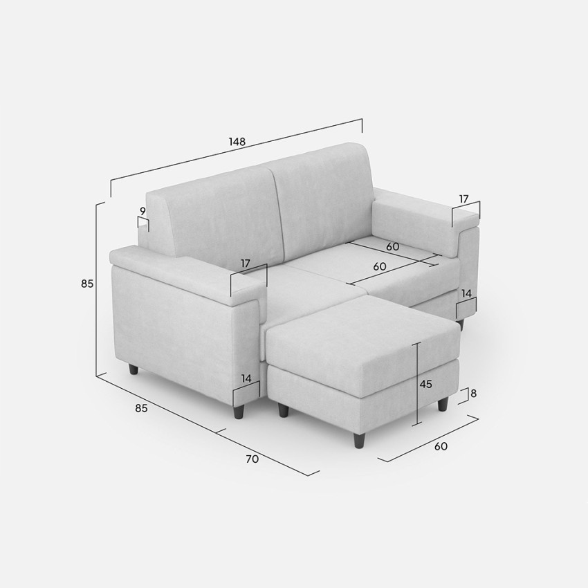 Marrak 120P divano 2 posti soggiorno moderno con pouf in tessuto