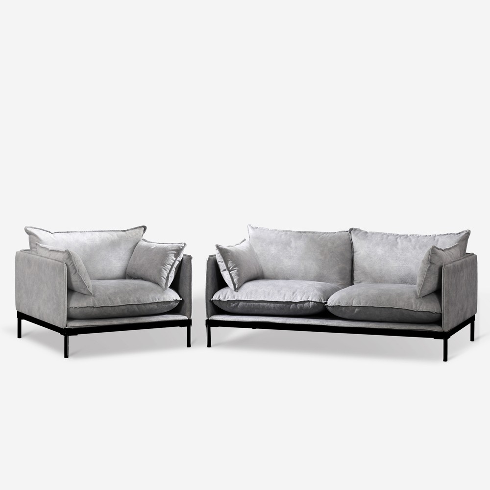 Set divano 2 posti poltrona in tessuto grigio stile moderno Hannover