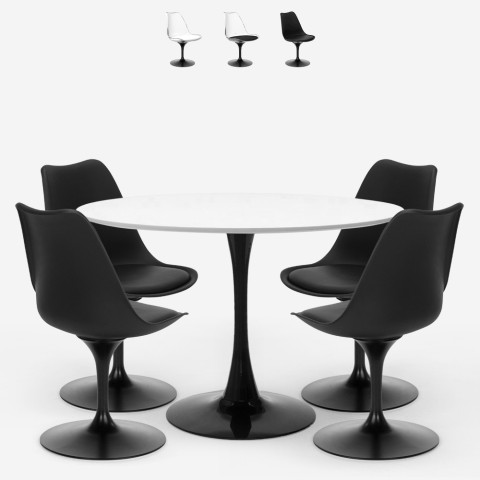 Set tavolo rotondo 120cm 4 sedie Tulipan policarbonato bianco nero Crayon+ Promozione