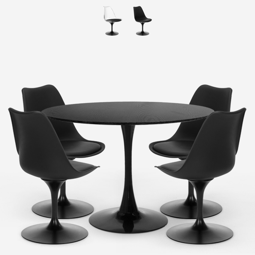 Set tavolo rotondo 120cm nero 4 sedie stile Tulipan trasparente Almat+ Vendita