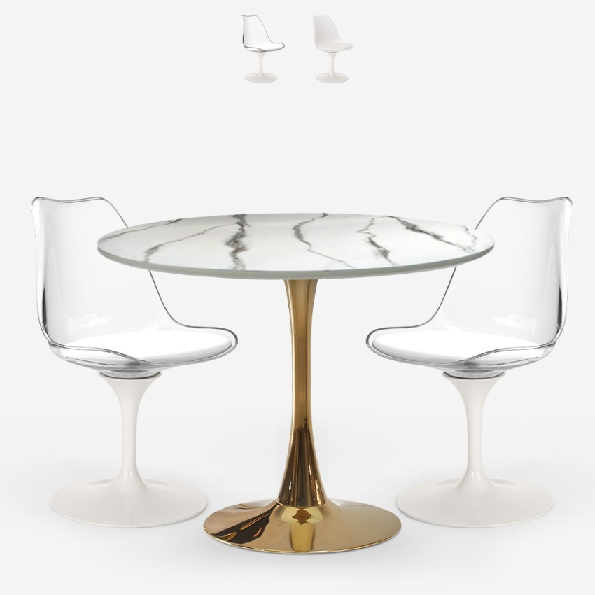 Set tavolo rotondo 80cm Tulipan effetto marmo dorato 2 sedie bianco Saidu Promozione