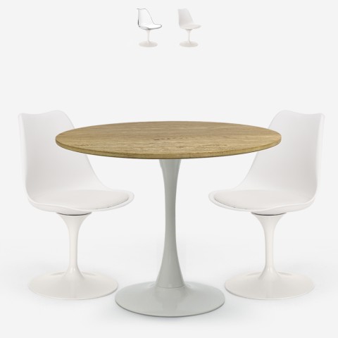 Set 2 sedie cucina stile Tulipan tavolo bianco legno rotondo 80cm Meis Promozione