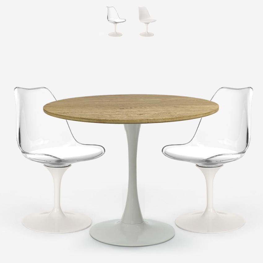 Set 2 sedie cucina stile Tulipan tavolo bianco legno rotondo 80cm Meis Vendita