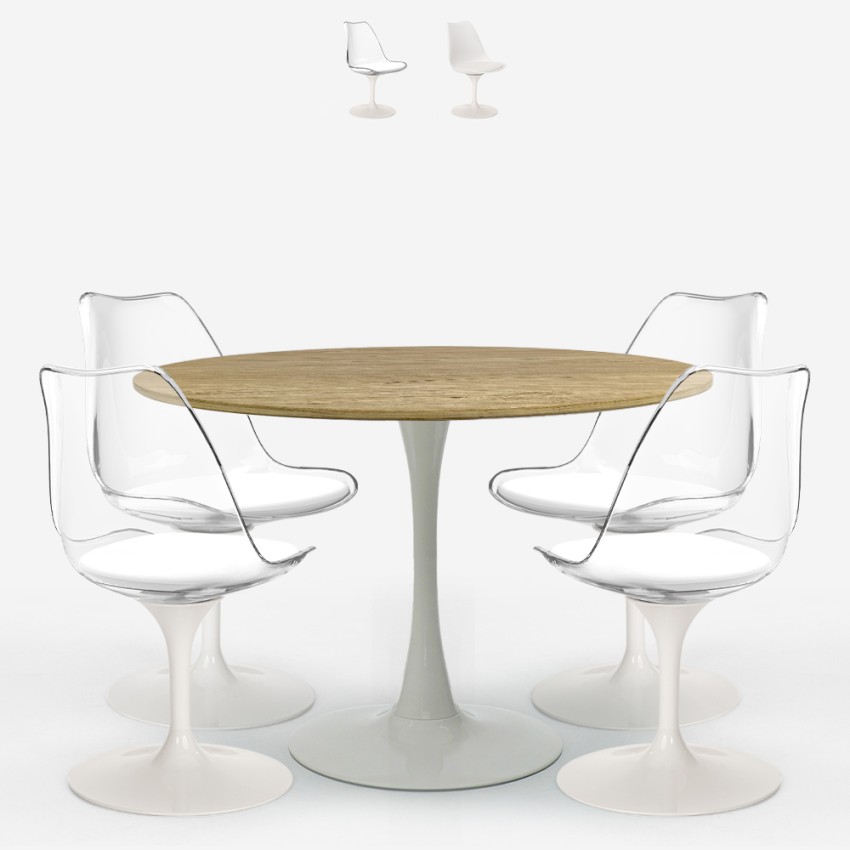 Set 4 sedie bianco trasparente tavolo Tulipan legno rotondo 120cm Meis+ Promozione