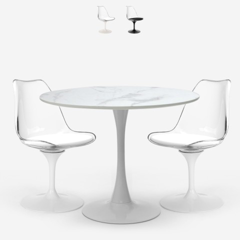 Set tavolo rotondo 80cm Tulipan effetto marmo 2 sedie bianco nero Liwat Promozione