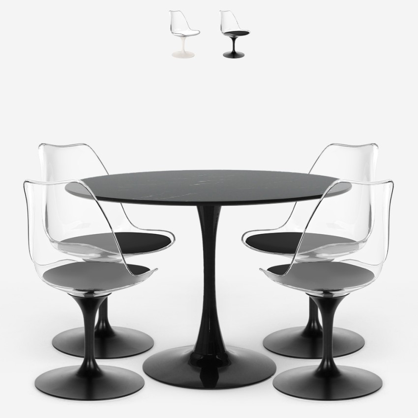 Set 4 sedie Tulipan tavolo rotondo 120cm bianco nero effetto marmo Liwat+ Promozione