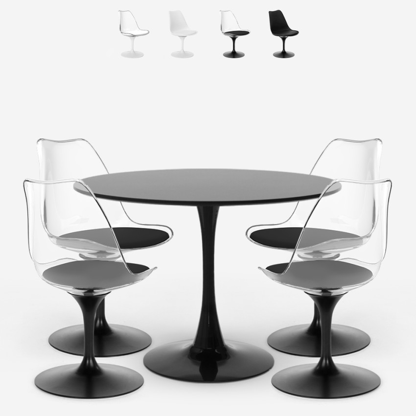 Set 4 sedie bianco nero trasparente tavolo Tulipan rotondo 100cm Yallam Saldi