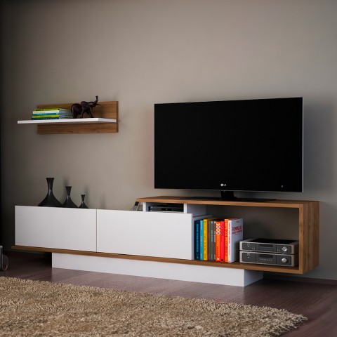 Mobile porta TV 180cm bianco legno noce con anta e mensola parete Asos Promozione