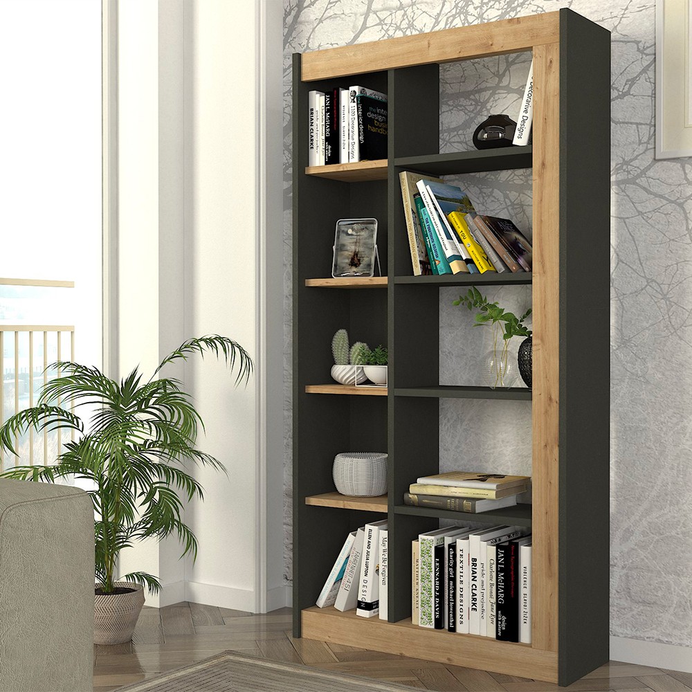 Libreria moderna 10 scaffali legno nero antracite 75x25x150cm Kevork