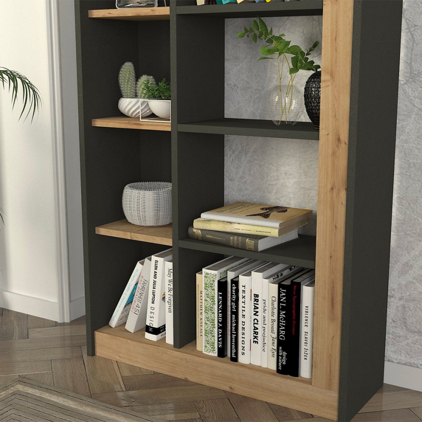 Kevork libreria moderna 10 scaffali legno nero antracite 75x25x150cm