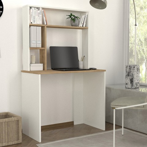 Scrivania ufficio 90x45x148cm bianco legno con libreria scaffali Ester Promozione