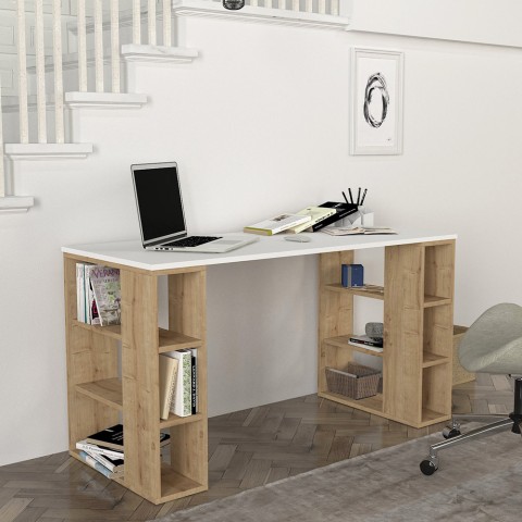 Scrivania studio ufficio bianco legno 6 scaffali 140x60x75cm Leonardo Promozione