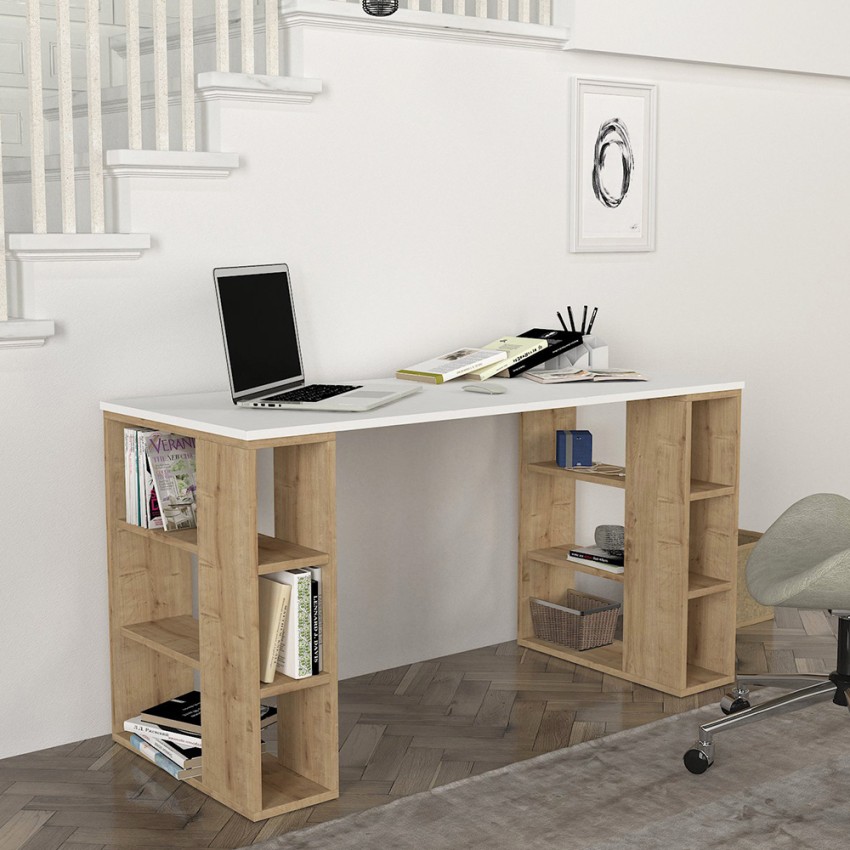 Leonardo scrivania studio ufficio bianco legno 6 scaffali 140x60x75cm