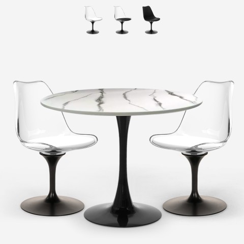 Set tavolo rotondo 80cm Tulipan effetto marmo 2 sedie bianco nero Lapis Promozione