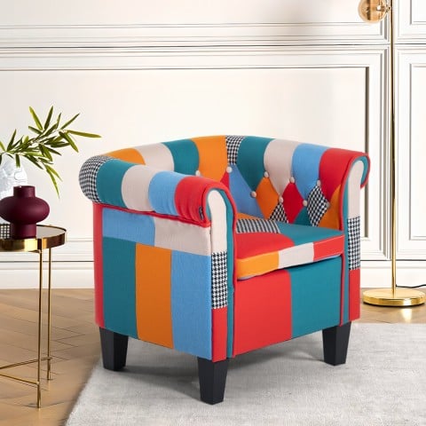 Poltrona patchwork pozzetto in tessuto multicolore design moderno Caen Promozione