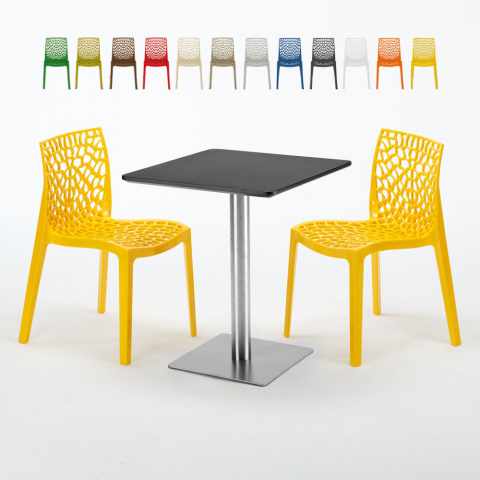 Tavolo Quadrato 60x60 cm Base in Acciaio e Top Nero con 2 Sedie Colorate Gruvyer Pistachio