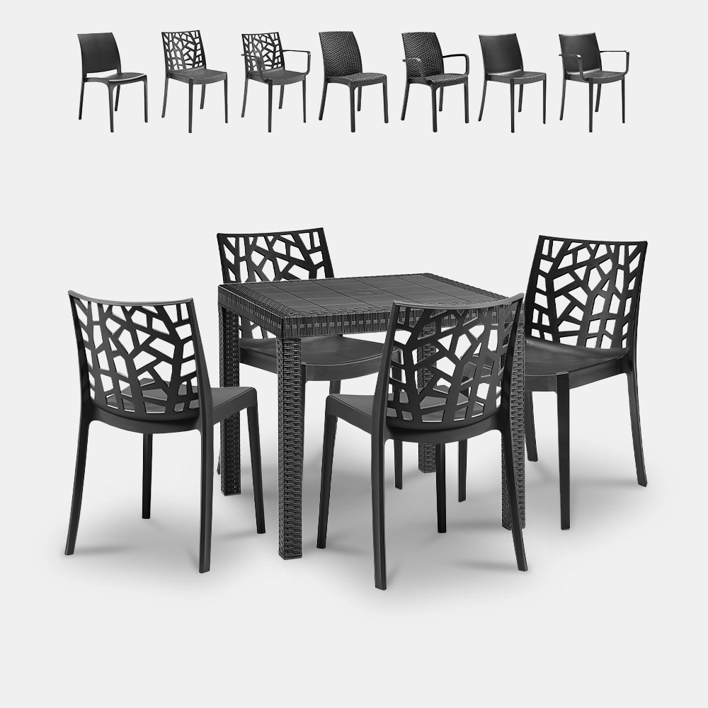 Set da giardino tavolo quadrato 80x80cm rattan 4 sedie nero Nisida Dark
