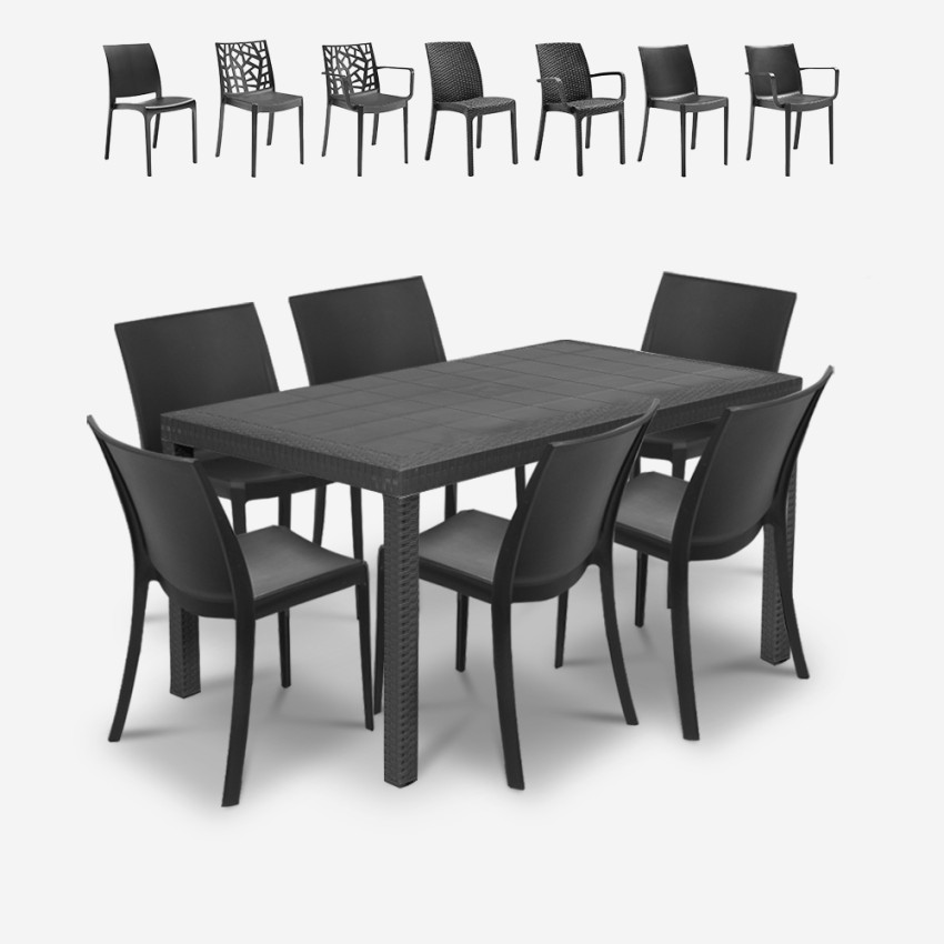Set da giardino tavolo rattan 150x90cm 6 sedie esterno nero Meloria Dark Stock