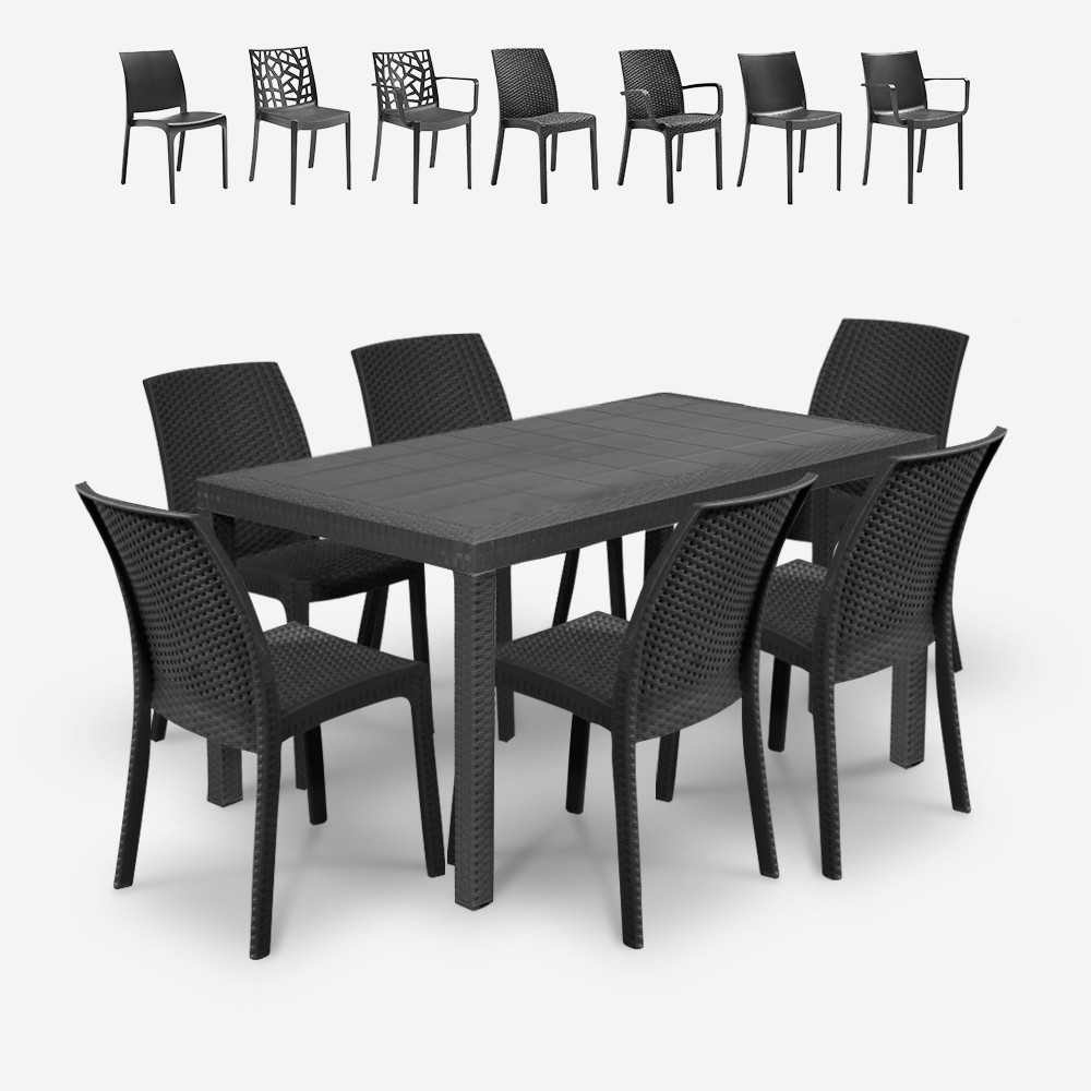 Set da giardino tavolo rattan 150x90cm 6 sedie esterno nero Meloria Dark