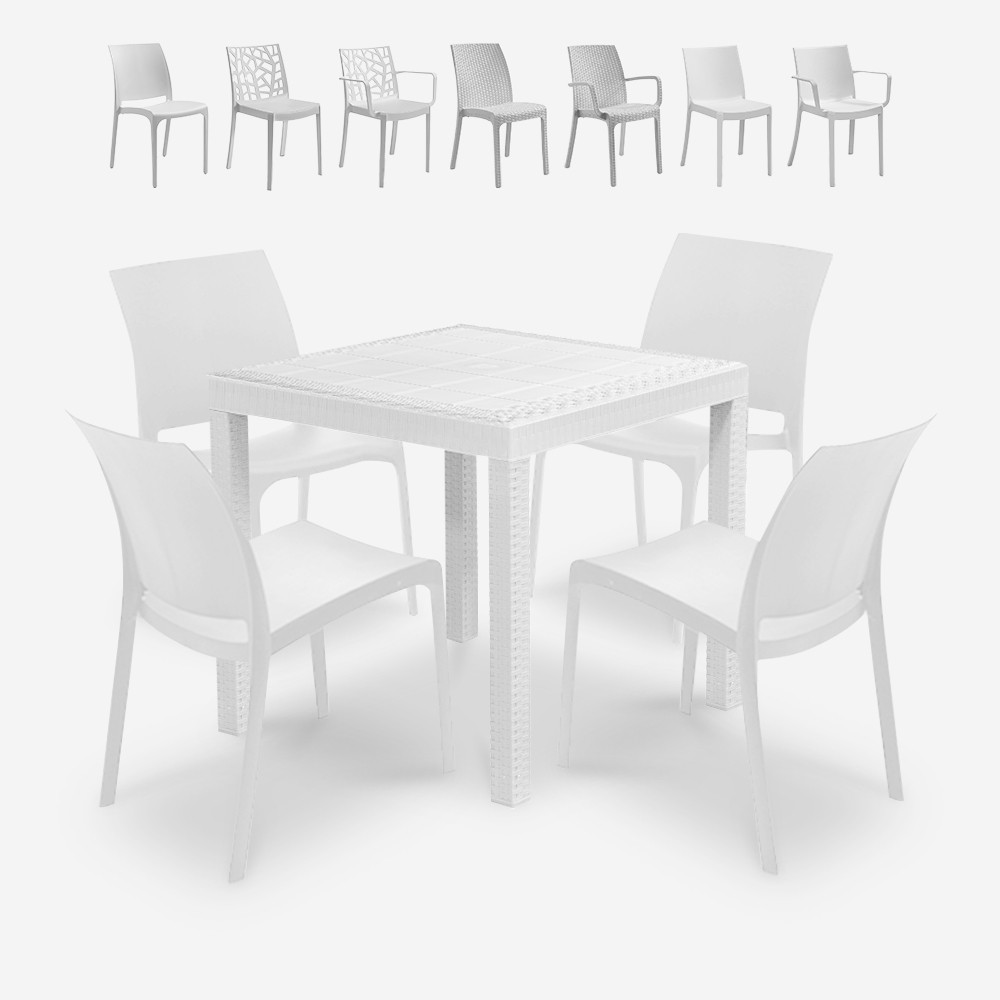 Set tavolo giardino esterno 80x80cm rattan 4 sedie bianco Nisida Light