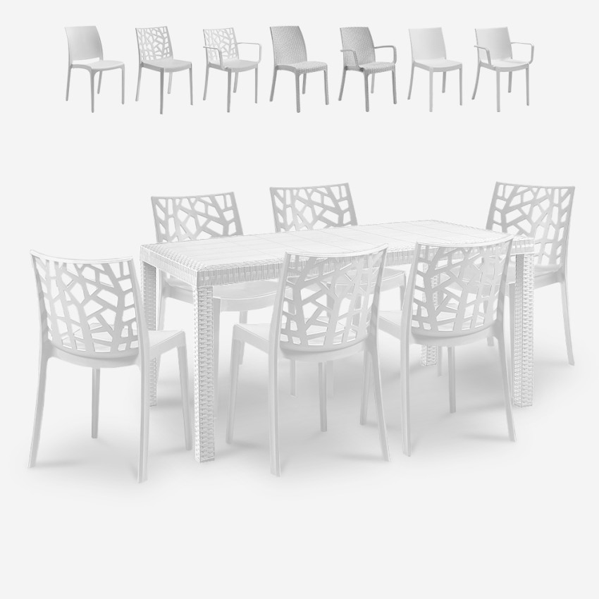 Set tavolo esterno giardino rattan 150x90cm 6 sedie bianco Meloria Light Stock