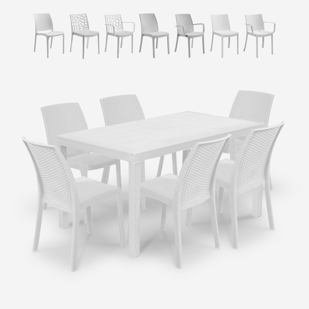 Set tavolo esterno giardino rattan 150x90cm 6 sedie bianco Meloria Light