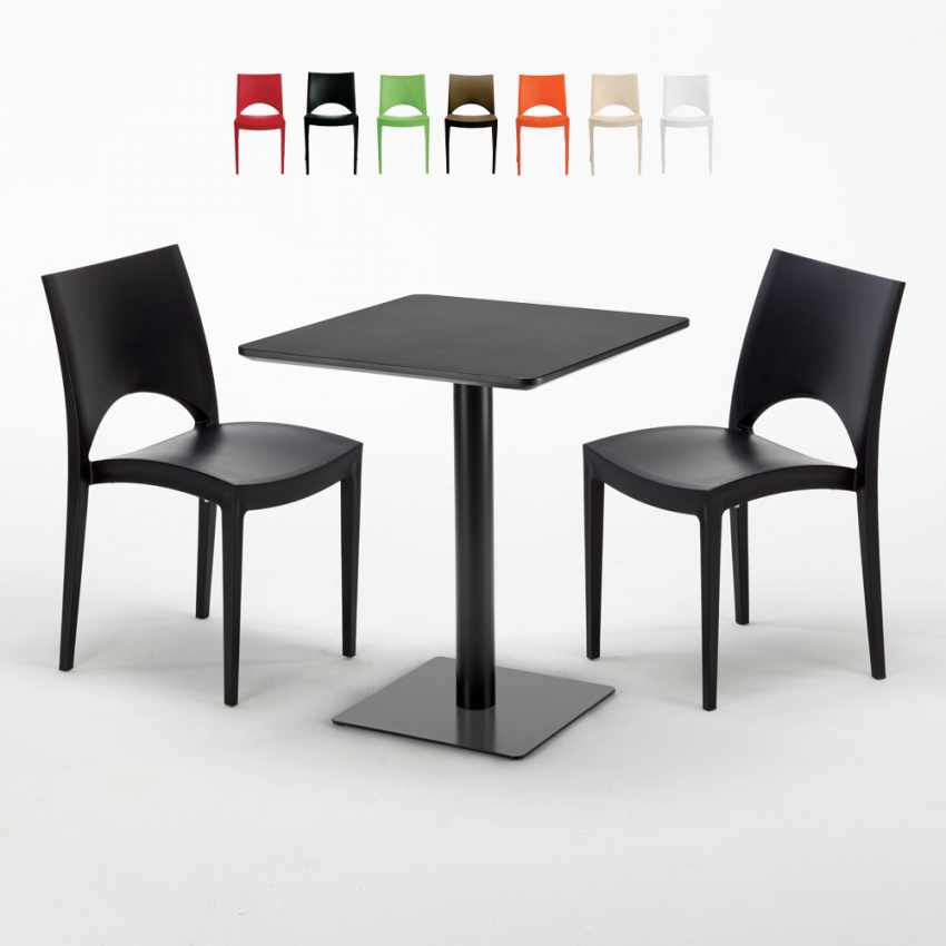 Tavolino Quadrato Nero 60X60 Cm E 2 Sedie Colorate Paris Licorice