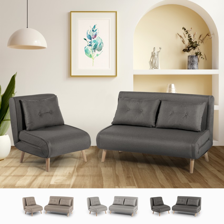 Set divano letto 2 posti scandinavo + poltrona pieghevole Sienna Promozione Set divano letto 2 posti scandinavo + poltrona pieghevole Sienna Promozione