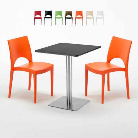 Tavolino Quadrato 60x60 cm Base in Acciaio e Top Nero con 2 Sedie Colorate Paris Pistachio Promozione