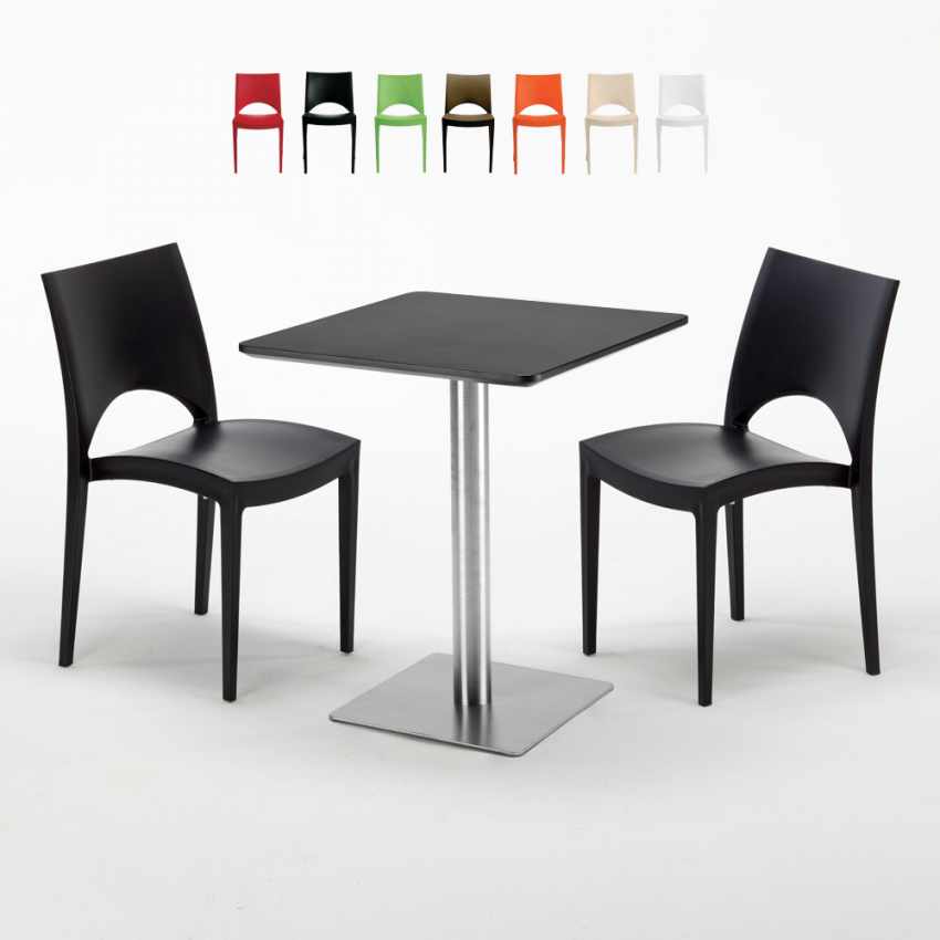 Tavolino Quadrato 60x60 cm Base in Acciaio e Top Nero con 2 Sedie Colorate Paris Pistachio