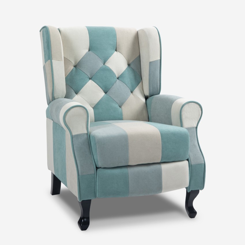 Poltrona Patchwork Relax Bergère Reclinabile Poggiapiedi Azzurro Ethron