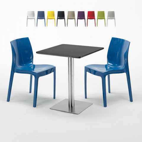 Tavolino Quadrato 60x60 cm Base Silver e Top Nero con 2 Sedie Colorate Ice Pistachio Promozione
